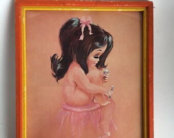 Vintage W. M. Otto print of little girl painting toenails.  Kitschy cute W. M. Otto print in original frame.