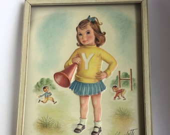 Vintage Metalcraft 3D imagen de pequeña animadora. Caja de sombra de metal de Metalcraft enmarcada Imagen de animadora en 3D firmada "Charlotte".