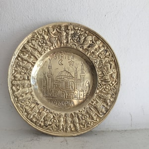 Small brass Siriea Ayasopia engraved dish. Small Turkish brass plate.