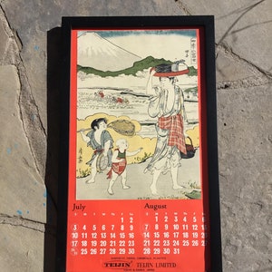 Classical Japanese print calendar page.  Large well framed vintage print of Edo era Japanese art from Teijin Limited Co. calendar.