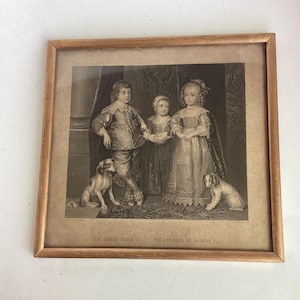 Antique etching in gold frame.  Small vintage/antique print  of Van Dyck etching in gold painted wood frame.