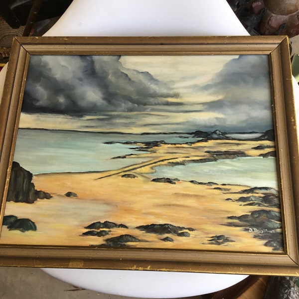 Large vintage shoreline/seascape oil painting.  Artist signed stormy sky shoreline oil painting.