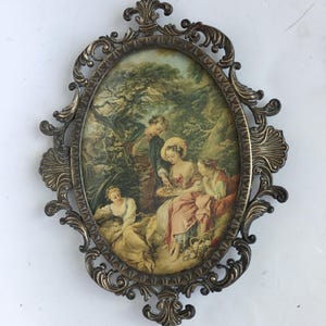 Ornate framed Italian print.  Vintage ornate brass Italian frame and print with convex glass.