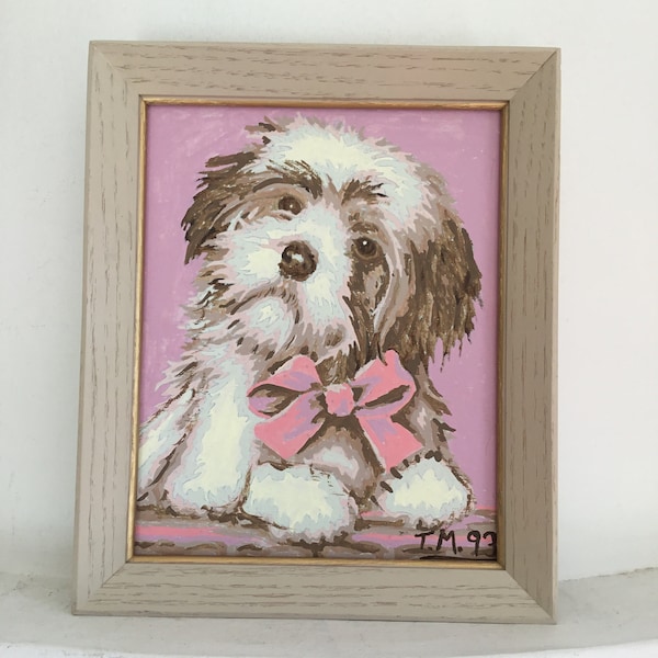 Small paint by numbers pink dog painting.  Small vintage framed pbn cute dog.  Vintage pbn adorable little puppy painting.