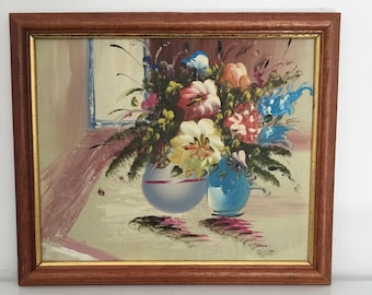 Small vintage floral still life painting.  Small framed still life painting of flowers.