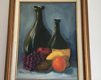 Framed vintage still life oil painting.  Still life oil painting wine bottles and fruit.  Vintage classic still life oil painting.