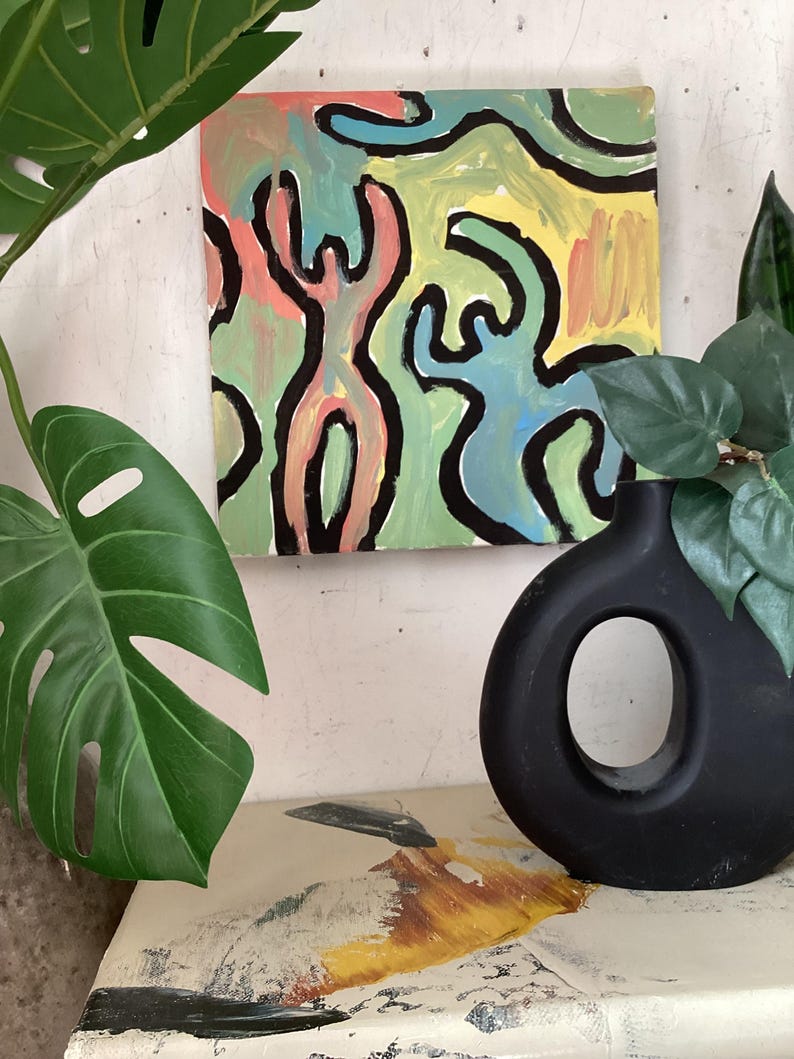 Pintura posmodernista colorida. Pequeña y colorida obra firmada por el artista, estilo posmodernista de Keith Haring. imagen 14