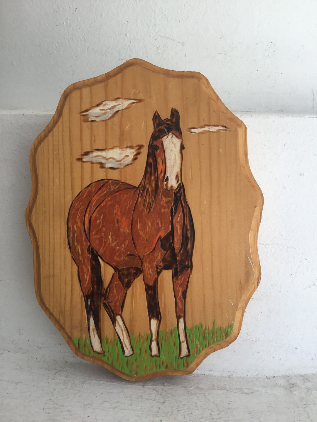Small Handmade Wooden Plaque With Horse on It. Small Artist Signed Hand