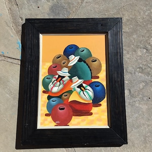 Colorful Peruvian painting.  Mid sized well framed stylized Peruvian women and colorful pots painting.