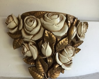 Opulent Homeco white rose and gold wall pocket.  Vintage Homeco plastic rose wall pocket.  White rose and gold 70s plastic wall pocket.