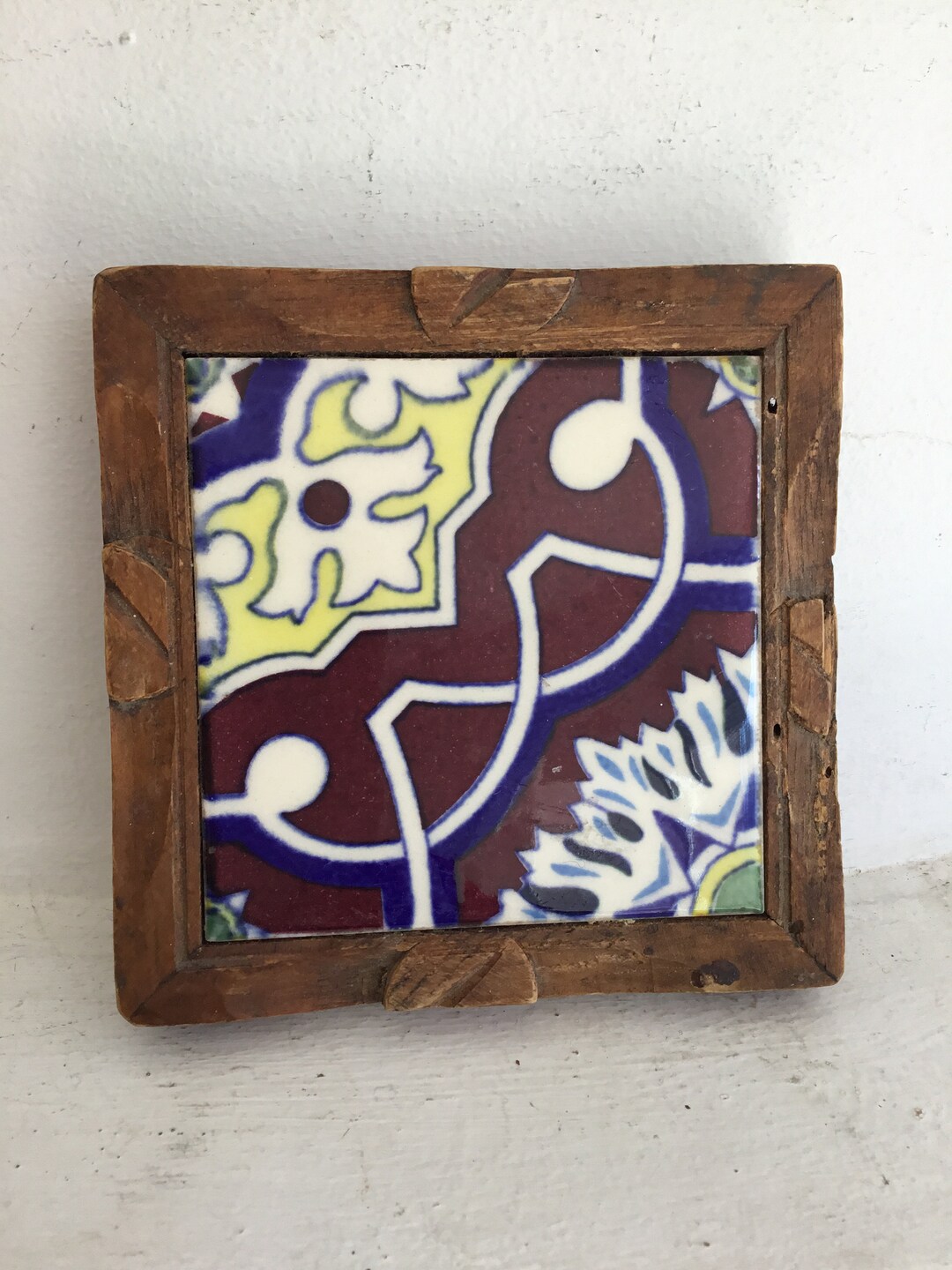 Vintage Mexican Tile Trivet. Colorful Mexican Tile in Hand Carved Wood