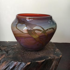 Blown art glass vase/urn.  Small artist signed multicolored art glass vase.