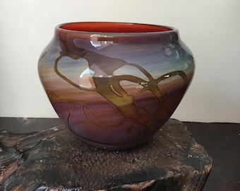 Blown art glass vase/urn.  Small artist signed multicolored art glass vase.