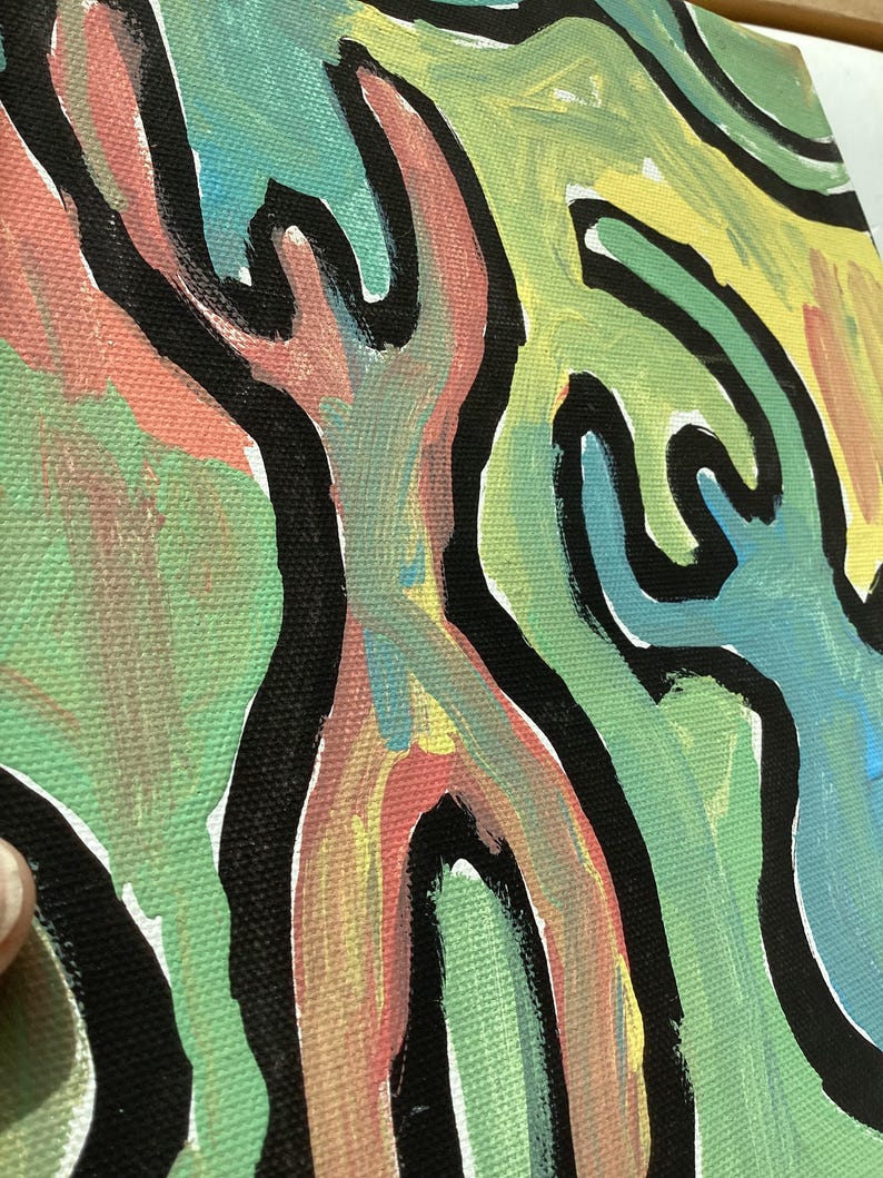 Pintura posmodernista colorida. Pequeña y colorida obra firmada por el artista, estilo posmodernista de Keith Haring. imagen 11