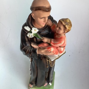 Italian statue of St. Anthony.  Medium tall vintage painted plaster statue of Saint Anthony made in Italy.