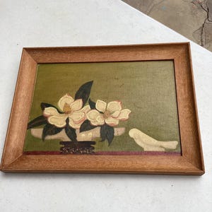 Magnolia still life oil painting.  Mid sized vintage artist signed still life oil painting of magnolias and a dove.