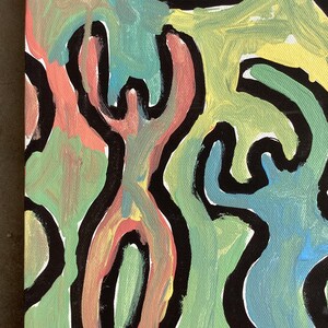 Puede incluir: Pintura abstracta acr&iacute;lica sobre lienzo con formas org&aacute;nicas en tonos rosa, verde, amarillo y azul, delineadas en negro. La obra de arte tiene una apariencia texturizada.