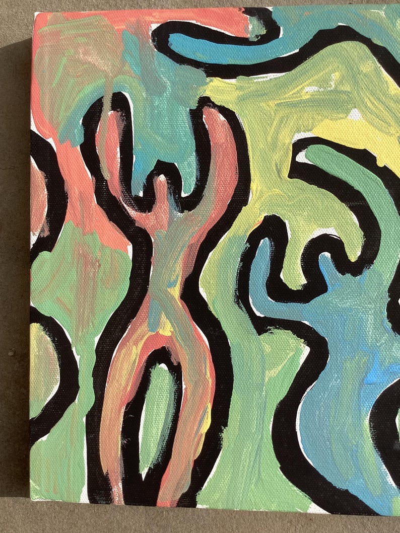 Puede incluir: Pintura abstracta acr&iacute;lica sobre lienzo con formas org&aacute;nicas en tonos rosa, verde, amarillo y azul, delineadas en negro. La obra de arte tiene una apariencia texturizada.