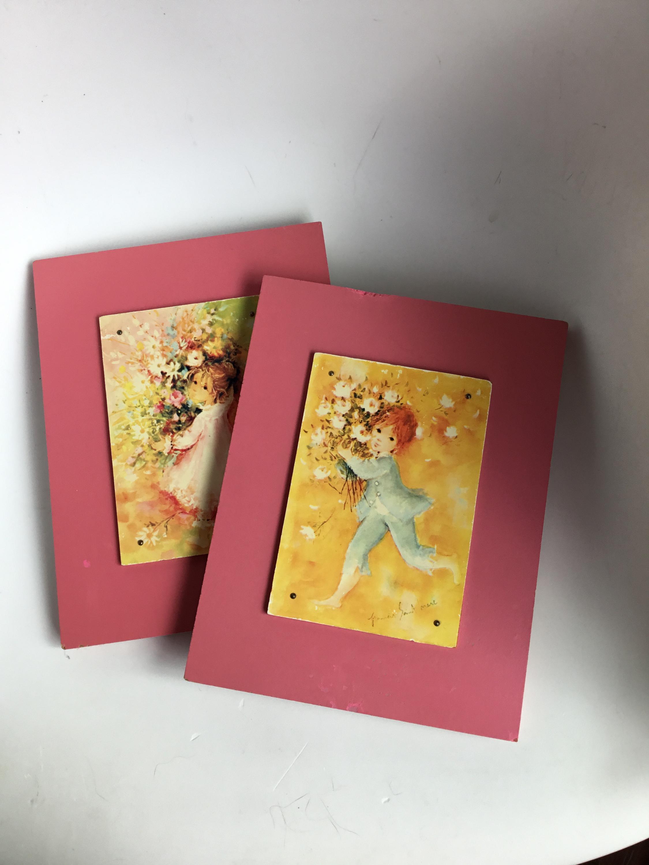 Pair of small vintage Frances Saint Marc wall plaques.  Frances Saint Marc little girl and little boy wood mounted art pieces.