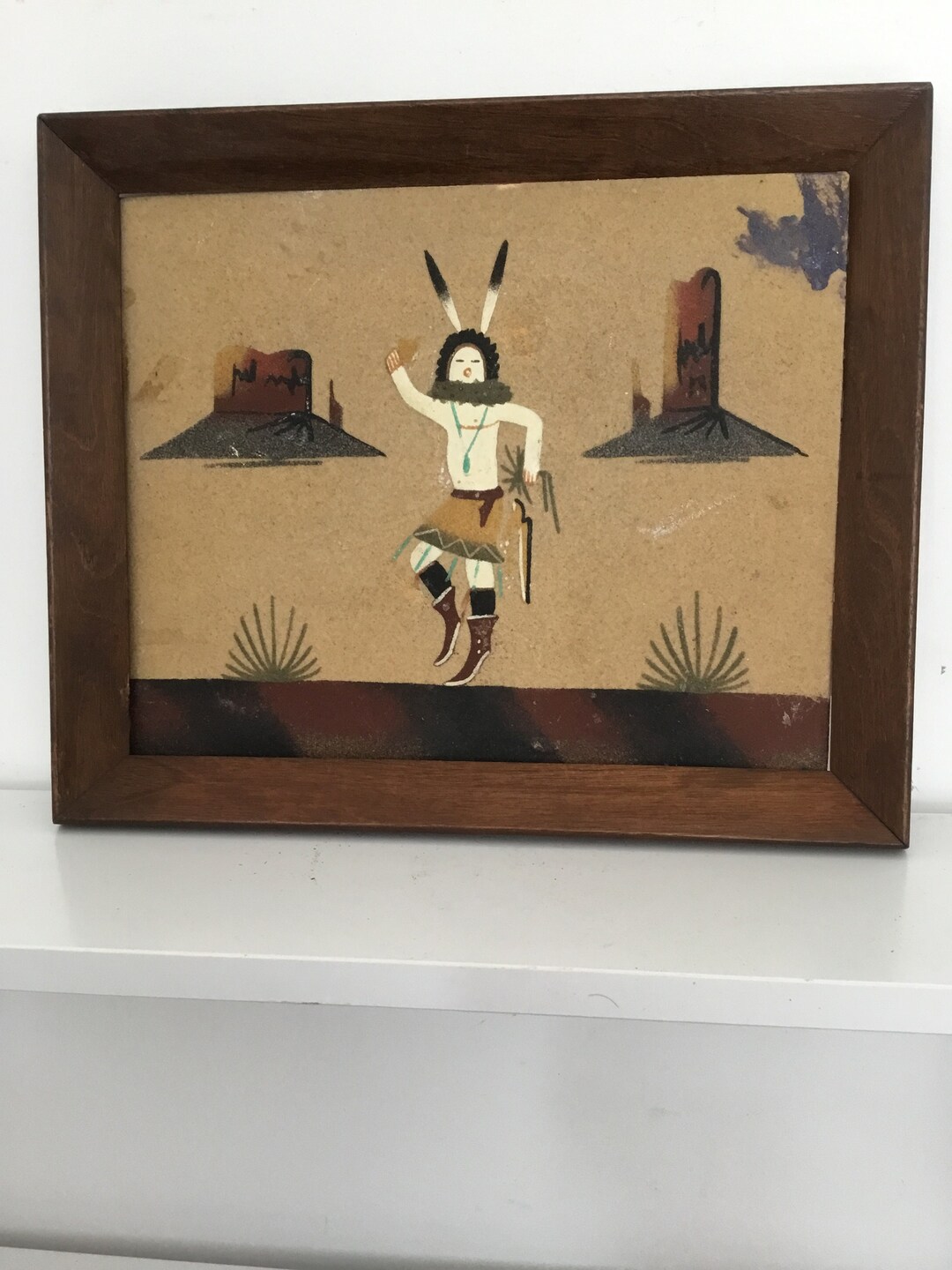 Artist Signed Navajo Sand Painting. Mid Sized Framed Navajo Sand