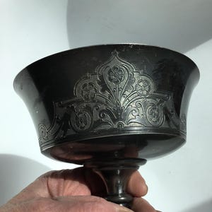 Antique silver plate compote.  Small Victorian Simpson Hall Miller silver plate compote with with ornate etching and beautiful dark patina.