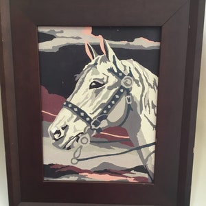 Vintage paint by numbers horse painting.  Framed vintage unusually colored pbn horse painting.