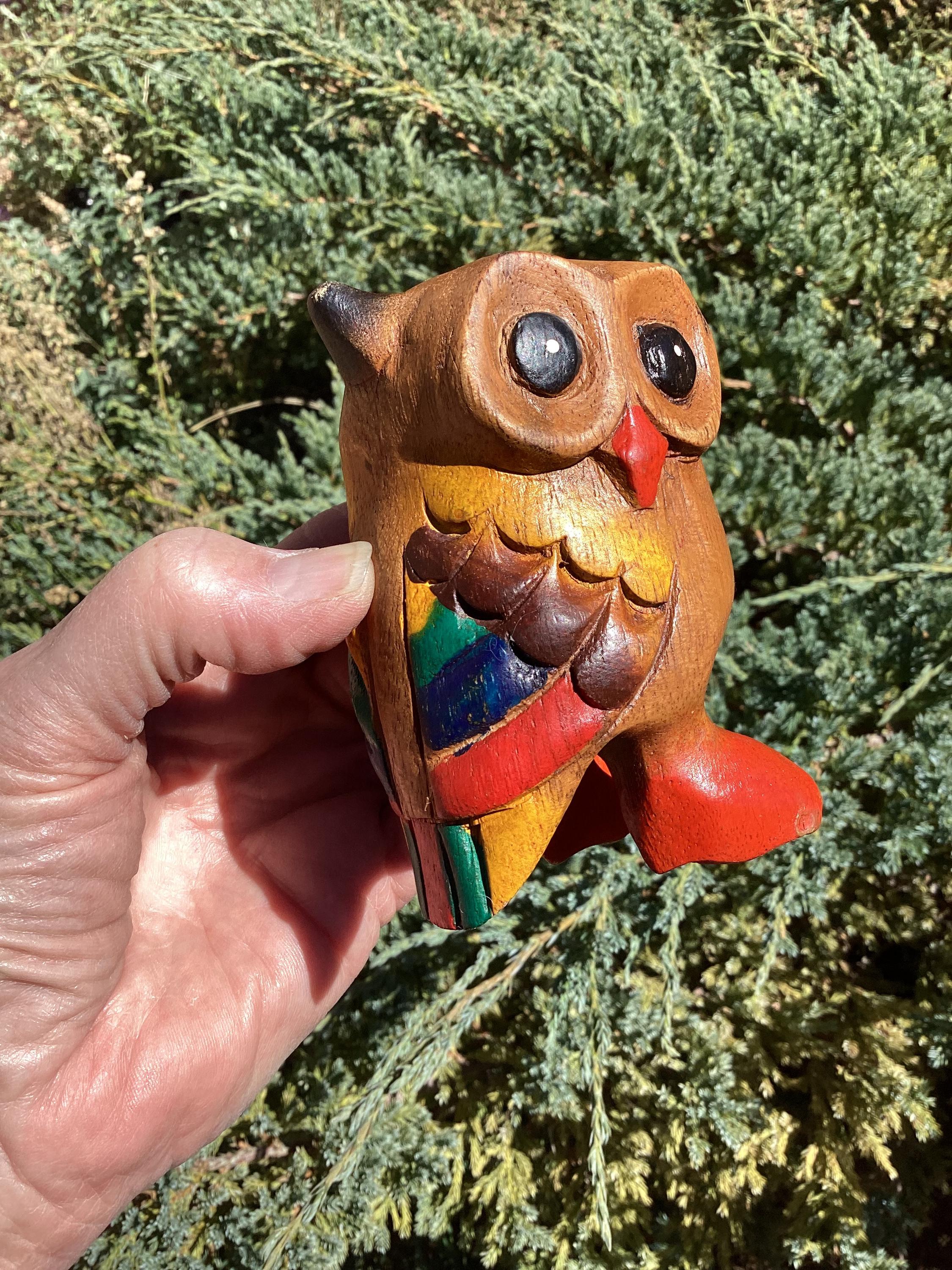 Painted wooden owl figurine.  Small vintage hand carved painted wooden owl figurine.
