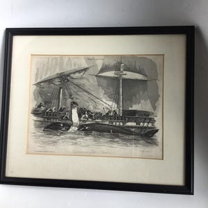 Antique whaling lithographic print.  Vintage/antique well framed France Maritime whaling lithograph print.