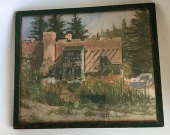 Small framed pastel drawing southwestern landscape scene.  Small vintage framed adobe house pastel drawing.