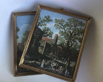 Old European town scene prints.  Pair of well framed vintage Old European village scene prints.