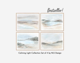 Abstract Landscape Art Set of 4, Soft Horizon Paintings Light Neutrals Calm Modern Wall Art Downloads Horizontal Unframed 8x10, 11x14, 16x20