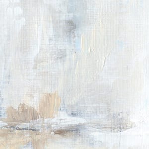 May include: Abstract painting with a textured canvas. The artwork features a palette of white, beige, and gray hues, applied with visible brushstrokes. The composition includes layered textures and a subtle interplay of light and shadow, creating a serene and minimalist aesthetic.