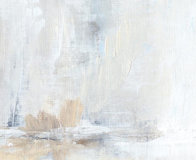 May include: Abstract painting with a textured canvas. The artwork features a palette of white, beige, and gray hues, applied with visible brushstrokes. The composition includes layered textures and a subtle interplay of light and shadow, creating a serene and minimalist aesthetic.