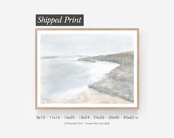 Shore - Coastal Landscape Wall Art Print, Neutral Gray Beige Green Blue Abstract Painting Bedroom Living Room Office Large, Unframed Paper
