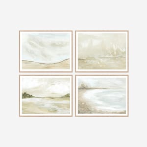 Wall Art Set of 4 Blue Beige Abstract Landscape Printable Paintings, Soft Muted Calming Download, Neutral Minimalist Prints 8x10 11x14 16x20