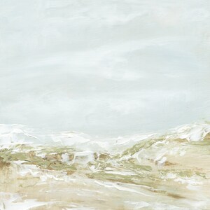 May include: Abstract painting with a light blue sky and a landscape of white, brown, and green brushstrokes.