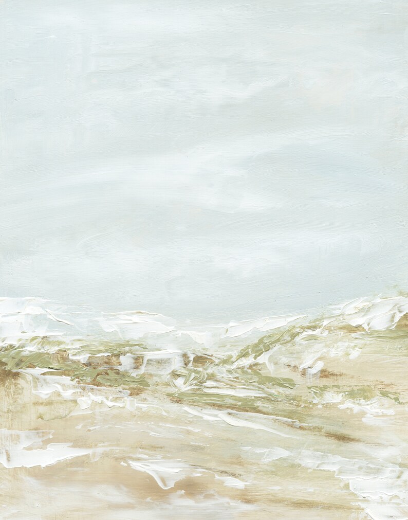 May include: Abstract painting with a light blue sky and a landscape of white, brown, and green brushstrokes.