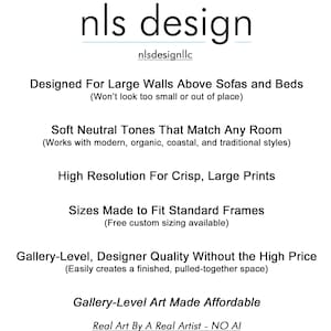 May include: White background with the text "nls design" in black. Below, the text "nlsdesignllc" is in a smaller font. The image contains several lines of text describing the product's features, including "Designed For Large Walls Above Sofas and Beds."