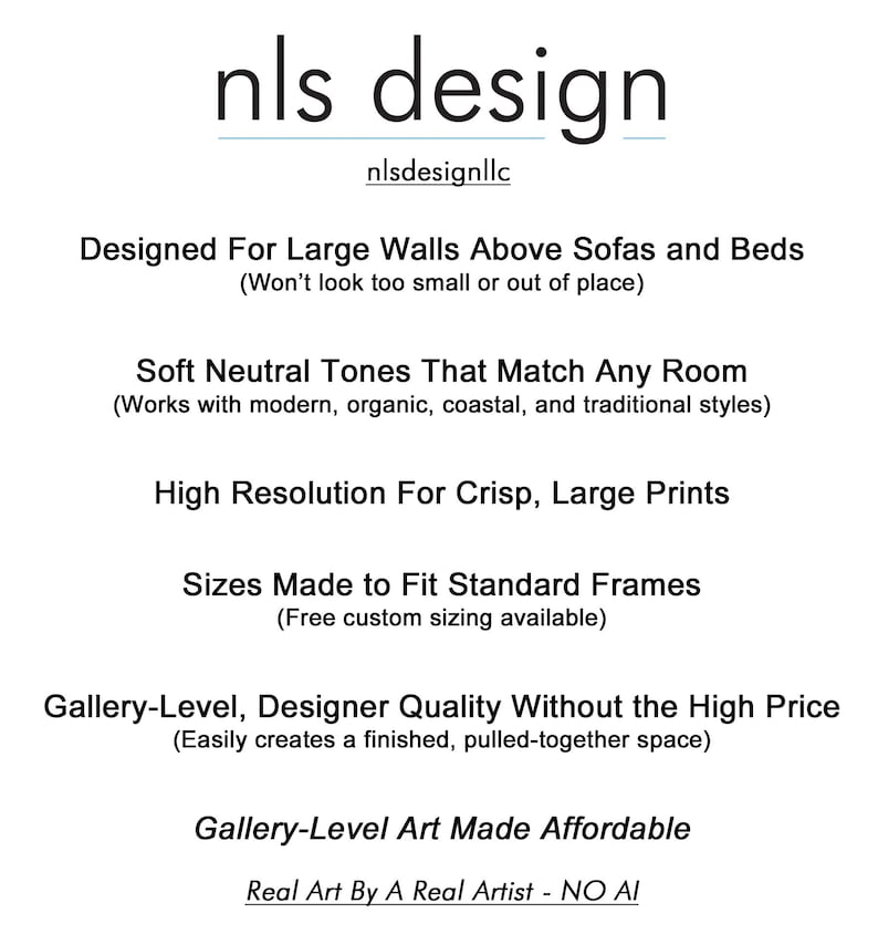 May include: White background with the text "nls design" in black. Below, the text "nlsdesignllc" is in a smaller font. The image contains several lines of text describing the product's features, including "Designed For Large Walls Above Sofas and Beds."