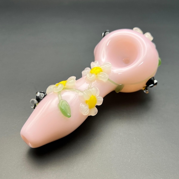 Flowers Pipe with Bee, Cute Pink Pipe, Girly Design, Unique Glass Pipes, Floral Tobacco Pipe