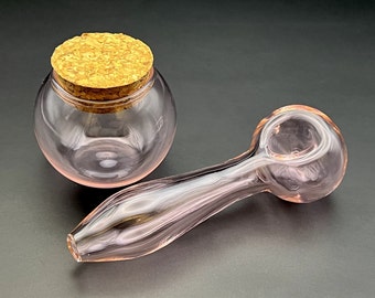 Pink Glass Pipe & Jar - Girly Smoking Set, Tiny Storage Moonlight Pipes