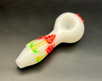Glass Pipe Mushroom Glow in The Dark - Cute Smoking Pipe - Girly Hand Pipe - Beautiful Aesthetic Pipe 4"