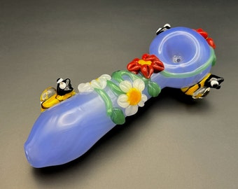 Flowers & Bees Pipe - Glass Floral Pipes - Beautiful Girly Pipe - Cute Handmade Pipe 5,5"