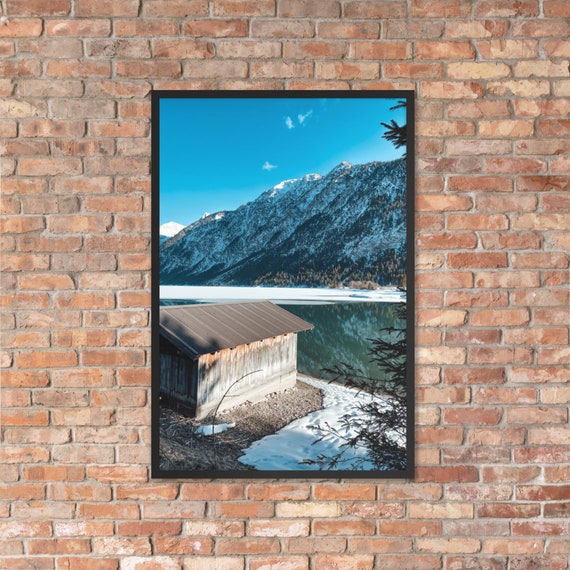 Wandbild Alpen See Winter, Natur, Dekoration, Erle Halbhartholz, gerahmtes Poster auf Fotopapier Geschenk Muttertag Ostern Weihnachten