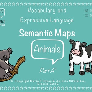 Könnte beinhalten: Ein blaugrüner Hintergrund mit weißen Sternen am Rand. Der Text "Vocabulary and Expressive Language" ist in weißer Schrift. Der Text "Semantic Maps" ist in weißer Schrift. Der Text "Animals" ist in einer weißen Sprechblase. Der Text "Part A'" ist in weißer Schrift. Der Text "Copyright Maria Filippou & Antonia Nikolaidou, Nicosia 2022" ist in weißer Schrift. Das Bild zeigt einen Känguru-Cartoon, der auf einem Ast sitzt, und eine Kuh-Cartoon.