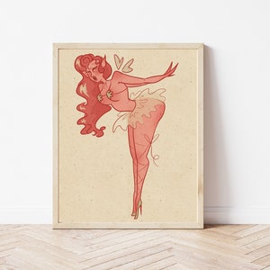 May include: A digital illustration of a pink-toned figure with red hair and a whimsical, fairy-like outfit. The figure is posed in a dramatic, pin-up style with a slight smile on their face.