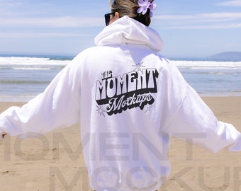 Gildan 18500 hoodie Mock up White Back, Gildan 18500 mockups, Hoodie Mockup Oversized White Hooded Sweatshirt mockup, Beach Mockup