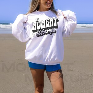 Gildan 18000 White Mockup, 18000 White Mockup, Gildan White Sweatshirt Mockup, Oversized Mockup Sweatshirt Model Mockup, Beach Mockup