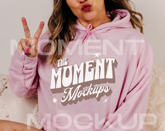Gildan 18500 sudadera con capucha Mock up Light Pink, Gildan 18500 mockups, Hoodie Mockup Oversized Pink Hooded Sweatshirt mockup, G185 Mockup