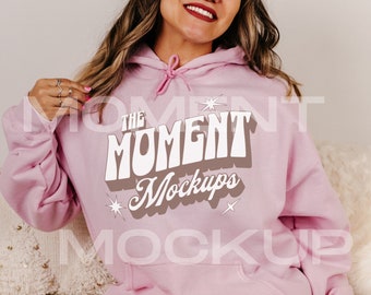 Gildan 18500 sudadera con capucha Mock up Light Pink, Gildan 18500 mockups, Hoodie Mockup Oversized Pink Hooded Sweatshirt mockup, G185 Mockup